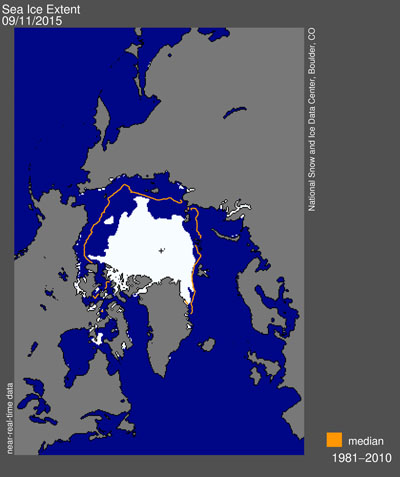 Arctic sea ice extent for Sept. 11 was 4.41 million square kilometres. This map shows that clockwise wind patterns pushed thick ice into the Canadian Arctic Islands, parts of the Northwest Passage and areas north of Greenland. The Northern Sea Route and the Beaufort and Chukchi seas are virtually ice free. (IMAGE COURTESY OF THE NSIDC)