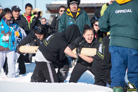 Team Nunavik-Quebec members compete in the log push event at the 2014 edition of the Arctic Winter Games in Fairbanks, Alaska. (PHOTO COURTESY OF KRG) 