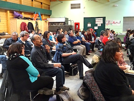The Nunavut education minister, Paul Quassa, second from left, sits Oct. 6 with those attending the Kitikmeot Inuit Association annual general meeting at the Luke Novoligak community centre in Cambridge Bay. (PHOTO BY JANE GEORGE) 