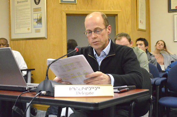 Pierre Meredith of MHPM Inc., the company doing project management on the Iqaluit aquatic centre project, speaking to Iqaluit City Council Oct. 6. (PHOTO BY STEVE DUCHARME)