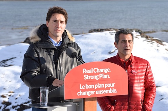Liberal leader Justin Trudeau speaks Oct. 10 alongside Liberal candidate Hunter Tootoo at an event held in Rotary Park in the Iqaluit suburb of Apex. (PHOTO BY STEVE DUCHARME)