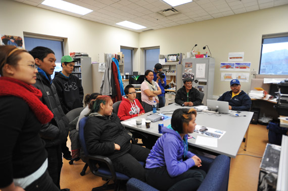 Members of the Arviat Youth Art and Film group met at eight different workshops over the summer, including this gathering which featured a visit by Nunavut filmmaker Zacharias Kunuk. (PHOTO BY ARVIAT FILM SOCIETY)