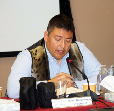 Kivalliq Inuit Association president David Ningeongan addresses the organization's annual general meeting last month in Rankin Inlet. Ningeongan is running for re-election next month. (PHOTO COURTESY OF THE KIA)