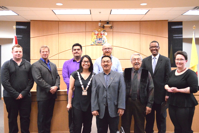 Iqaluit elects a new mayor, Madeleine Redfern, and councillors in October. From left; Jason Rochon, Terry Dobbin, Gideonie Joamie, Madeleine Redfern, Romeyn Stevenson (back), Joanasie Akumalik (front), Simon Nattaq, Kuthula Matshazi and Megan Pizzo-Lyall. (PHOTO BY STEVE DUCHARME)