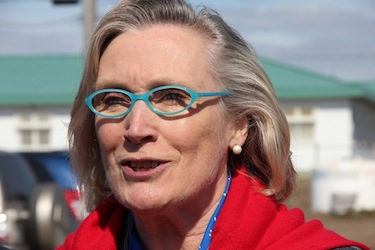 Carolyn Bennett speaking in Iqaluit June 27 outside of the Unikkaarvik Visitor's Centre when she criticized the federal government's Nutrition North Canada program, stating that 80 per cent of children shouldn't be going to school hungry. As minister of Indigenous and Northern Affairs, she's now responsible for fixing NNC. To that end, she held a consultation meeting Jan. 9 in Norman Wells, NWT and promises more such meetings with stakeholders. (FILE PHOTO)