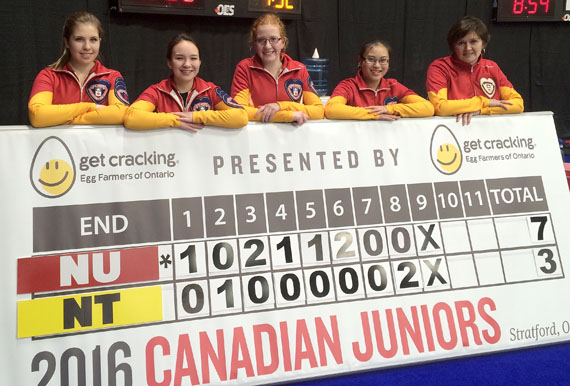 Winners! Nunavut's junior women's curling team make history Jan. 26, when they record their first win ever, against the Northwest Territories, at the Canadian Junior Curling Championships in Stratford, Ont. The young Nunavut women racked up seven points in the first six ends to defeat the NWT by a score of 7-3. From left to right: Sadie Pinksen, Christianne West, Kaitlin MacDonald, Melicia Elizaga and coach Donalda Mattie from the Iqaluit Curling Club. (PHOTO COURTESY OF CURLING CANADA)