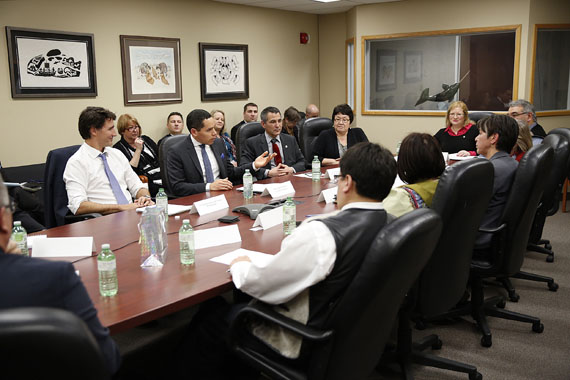 Prime Minister Justin Trudeau with Natan Obed, the president of Inuit Tapiriit Kanatami; Nunavut MP Hunter Tootoo, the fisheries minister; and Rebecca Kudloo, the president of Pauktuutit, the Inuit women's association at meetings between Trudeau's entourage, ITK's board and other Inuit leaders that began around 4 p.m. Jan. 27. ITK said in a statement that they talked about a renewed Inuit-to-Crown relationship in areas like governance and Arctic affairs, suicide prevention, education and food security, economic development and training, housing, infrastructure needs and Arctic resources.