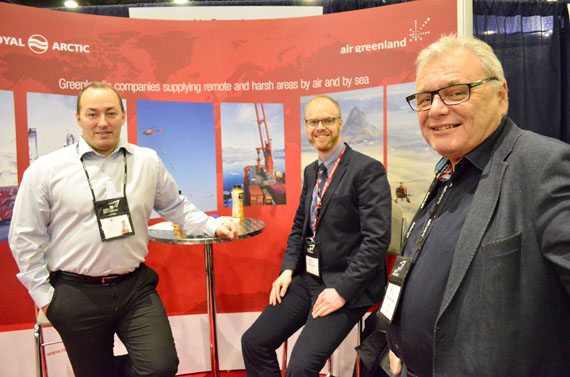 Representatives of two Greenland transport firms — Royal Arctic Line and Air Greenland — team up to staff a booth at the Northern Lights 2016 show in Ottawa last week. Royal Arctic Line is a shipping company that supplies Greenland's 13 largest communities with goods from Denmark and Air Greenland is the country's flagship airline. Unfortunately, Air Greenland, because of the recent downturn in mining, will not resume its scheduled service to Nunavut this summer. (PHOTO BY JIM BELL)