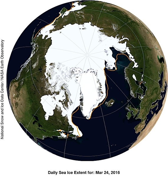 This NASA Blue Marble image shows Arctic sea ice extent on March 24, which averaged 14.52 million square kilometres on March 24, beating last year’s record low of 14.54 million square km on February 25. (IMAGE COURTESY OF NSIDC/ NASA) 