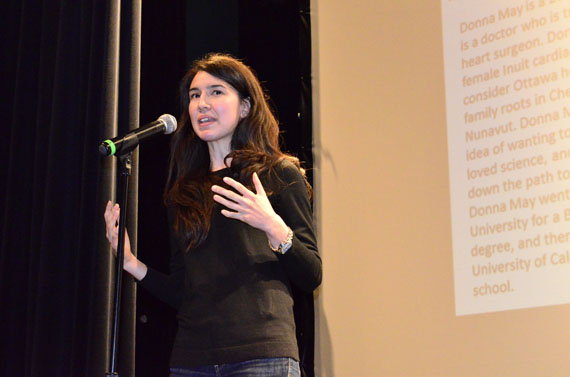 Donna May Kimmaliardjuk gives an inspirational speech March 19 at the Tungasuvvingat Inuit's spring equinox celebration at the Bronson Centre in Ottawa. Kimmaliardjuk, originally from Chesterfield Inlet, is taking training in Ottawa this year to become a heart surgeon. The annual spring gathering, which draws Ottawa's growing Inuit community, features music and culture from around Inuit Nunangat. (PHOTO BY JIM BELL)