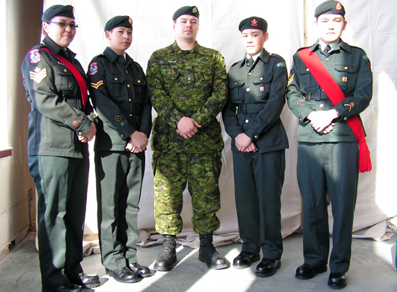 A team of marksmen from Cambridge Bay pose for the camera. Cambridge Bay Cadets, from left, Acting Sargent Teghan Angulalik, Corporal Cyril Angulalik, Lieutenant  Chris Kalluk, Lance Corporal Carter Lear and Acting Sargent Kieran Evalik, took part in a marksmanship program in Edmonton April 8-10, where they practiced shooting ten metre ranges either standing or lying flat, in competition with cadets from across western Canada. The hamlet of Cambridge Bay helps to sponsor the unit by providing venue space for local cadet training and other events. (PHOTO COURTESY OF R. GILLIS)