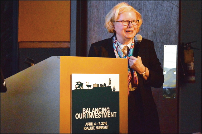 Scotiabank's Patricia Mohr, a commodities specialist, speaking at the Nunavut Mining Symposium April 5. She says base metal prices have sunk to a new low but she expects they'll grow again by the end of the decade thanks to a steady demand and an expected decrease in supply. (PHOTO BY STEVE DUCHARME)