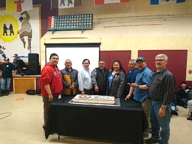 Kitikmeot Inuit Association board members pose May 5 with a birthday cake at their 40th anniversary celebration in Kugluktuk. On May 5, the KIA, which represents Inuit in Nunavut's western Kitikmeot region, also launched the Kitikmeot Media Fund to support efforts aimed at helping recover the Inuinnaqtun and Netsilingmiut languages. The fund will help producers of audio and video content,