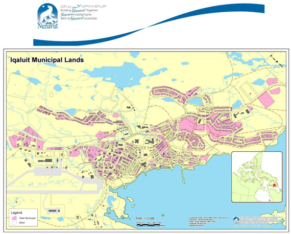 This map shows the lands currently owned by Iqaluit's municipal government. If there is a Yes vote in the May 9 referendum, they would be eligible at some point in the future for a transfer from leasehold to fee simple title. (GN IMAGE)