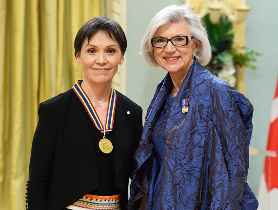 Arviat-raised singer and songwriter Susan Aglukark, left, receives the Governor General’s2016 Lifetime Artistic Achievement, awarded June 10 by deputy Governor General and Chief Justice of Canada Beverley McLachlin, at right. The performing arts award recognizes Canadian artists for their “outstanding body of work and enduring contribution to the performing arts.” Aglukark, born in Churchill, Man. and raised in Arviat, recorded her first album, Dreams for You, in 1990. She released her breakthrough album This Child in 1995 — which included the popular single O Siem — an album which went on to sell 300,000 copies throughout Canada. Now based in Ontario, Aglukark has since released eight albums and travels the country as a keynote speaker and workshop facilitator. (PHOTO BY SGT. R. DUCHESNE/OSGG)
