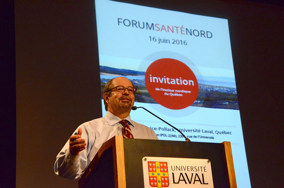 Quebec’s minister responsible for Aboriginal affairs, Geoffrey Kelley, kicks off the 2016 Northern Health Forum June 16 at Université Laval in Quebec City by telling the crowd about a ground-breaking ceremony which he was a part of June 14 in Kuujjuaraapik for a new multi-purpose venue. The Northern Health Forum is a one-day event that will cover a whole host of health issues — from the benefits of berries and northern plants to diabetes, tuberculosis and housing in the North. Read more later on Nunatsiaqonline.ca. (PHOTO BY DAVID MURPHY) 