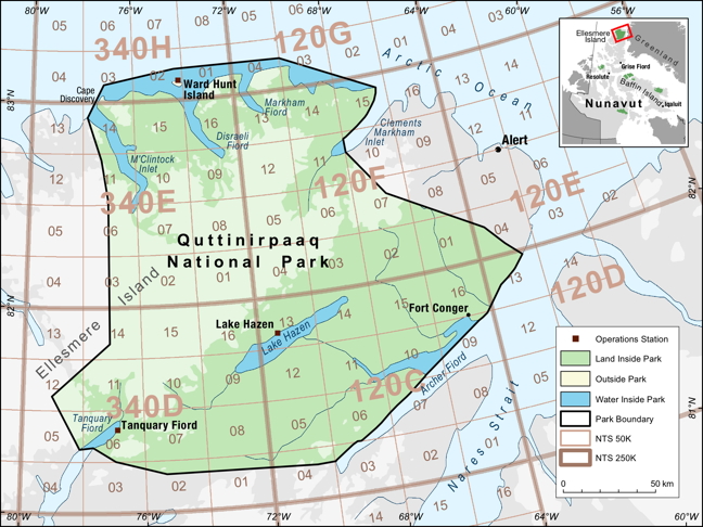 A map of Quttinirpaaq National Park, located on the northern tip of Ellesmere Island. (PARKS CANADA MAP)