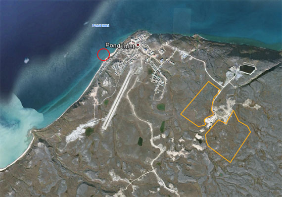 Here's a view of the Pond Inlet small craft harbour study area. The red circle indicates where Pond Inlet’s new harbour would be built, while the yellow areas show where a potential quarry would be created. (IMAGE COURTESY OF ADVISIAN)
