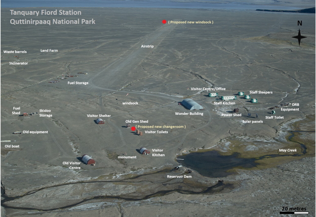 Tanquary Fiord's environment in the southwest corner of Quttinirpaaq National Park on Ellesmere Island. The fuel storage is located at the end of the airstrip. (PARKS CANADA IMAGE)