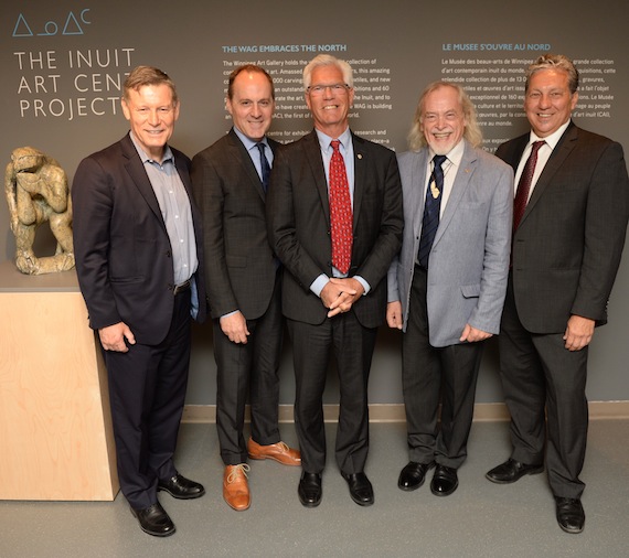 An Aug. 2 funding announcement for the Inuit Art Centre brings smiles to Terry Duguid, MP for Winnipeg South, Dr. Stephen Borys, executive director and CEO of the Winnipeg Art Gallery, Winnipeg South Centre MP and Minister of Natural Resources Jim Carr, Fred Ford, Manitoba Inuit Association president, Dan Vandal, MP for Saint Boniface-Saint Vital. (PHOTO COURTESY OF THE WAG)
