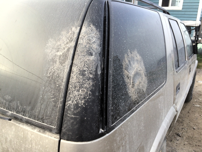 Polar bear prints seen on the side of a parked car Aug. 15 in Arviat, where residents are reported more and earlier sightings of the bears than usual. (FILE PHOTO) 