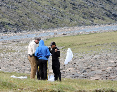 Montreal entomologist Maxim Larrivée works with youth researchers in Pingualuit park in early August while they search for butterfly species to collect. (PHOTO BY SAMMY GADBOIS JR.)
