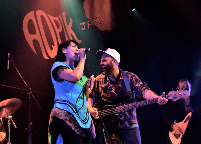 Beatrice Deer and bandmates close out the evening at the annual Aqpik Jam music festival in Kuujjuaq Aug. 8. Deer hasn't played the festival in a few years and told audience members she was delighted to be back in Nunavik. Once the concert was over, she continued her performance at Kuujjuaq's Ikkarqivik Bar. The festival's line-up featured other memorable performances by the Kuujjuaq Youth Group, Quaqtaq's Arnatukkut, Gaetan & the Kuujjuaq Band, Derek and Willis Tagoona, and Sinuupa. The festival runs to Aug. 11. Check in with the Aqpik Jam Facebook page to see tonight's line-up which includes Kevin Shoefield, Saali & the Ravenhearts, and Qatagiit. (PHOTO BY ISABELLE DUBOIS)