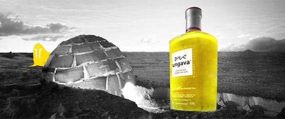Near this igloo shown on an Ungava gin marketing image, there's a huge bottle of gin.
