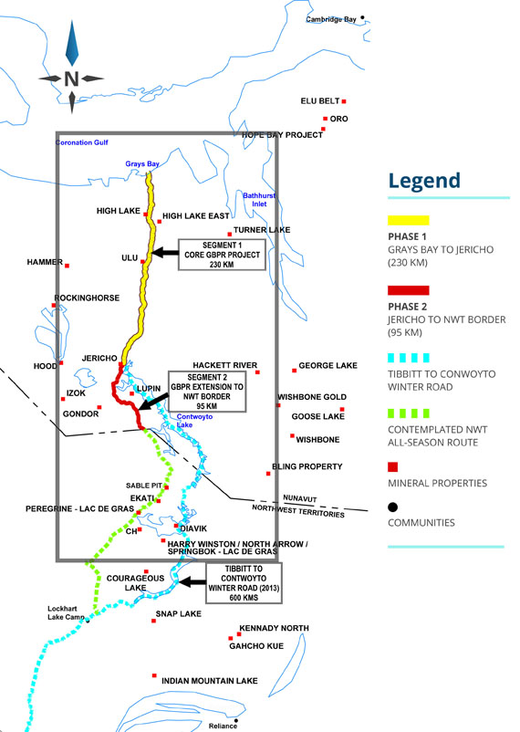 This map shows the approximate location of the Grays Bay road-port project, proposed by the Government of Nunavut and the Kitikmeot Inuit Association. The first phase would terminate at the Jericho mine and the second phase would terminate at the Nunavut-NWT boundary. The route also sidesteps MMG's Izok Lake property. It doesn't appear that the federal government is ready to help fund the scheme. (NUNAVUT RESOURCES CORP. IMAGE)