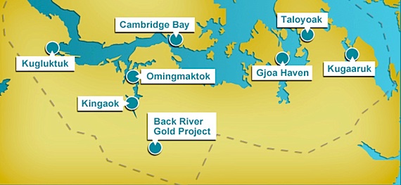 This map shows the location of Sabina Gold and Silver Corp.'s proposed Back River mine, known as Hannigayok in Inuinnaqtun, along with the location's of nearby western Nunavut communities. (IMAGE COURTESY OF SABINA) 