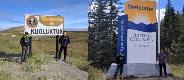 From Kugluktuk to B.C. and back: Dustin Aleekuk, left, and Keiran Panioyak, stand beside their hometown sign, and the sign to British Columbia in late August during a trip to Invermere, B.C. for an elite hockey training camp and tryout. They didn't make the Columbia Valley Rockies junior team but both say it was worthwhile to get a taste of high calibre hockey. (PHOTOS BY JARED OTTENHOF)