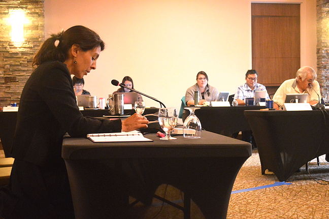 Nunavut Tunngavik Inc. Chief Operating Officer Udloriak Hanson speaks to NTI's board members at a Sept. 1 meeting in Iqaluit. (PHOTO BY STEVE DUCHARME)
