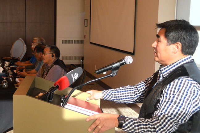 Nunavut Tunngavik Inc.'s chief executive officer James T. Arreak speaks to media and members of the public at a news conference in Iqaluit Sept. 8 following release of the land claim body's Annual Report on the State of Inuit Culture and Society for 2014-15. The news conference followed a closed-door meeting on Inuit social and cultural issues this week in Iqaluit. 