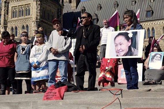 Justice for Annie Pootoogook: Sytukie Joamie, now working as an Inuit knowledge keeper in Ottawa, speaks Oct. 4 at the Families of Sisters in Spirit vigil on Parliament Hill, held to demand justice for the families of missing and murdered Indigenous women and girls. (PHOTO BY JIM BELL)