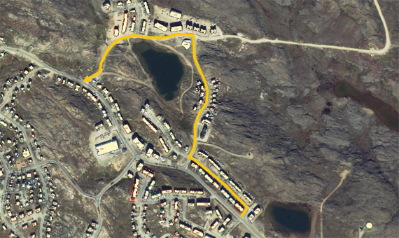 The City of Iqaluit is asking residents to take caution and note some route changes in town Oct. 31 while the community is out trick-or-treating this evening. Between 5:30 and 8:30 p.m., Iqalungmiut should note some temporary changes to help with the flow of foot traffic: Tasilik will be one-way from building #2738 to building #4123; Road to Nowhere will be one-way from building #4112 to building #2209; Residents will not be able to turn onto Road to Nowhere from Apex; Access to Anuri Street will be required through Tasilik Street; and Parking on the left side of the road will be prohibited during this time period. (IMAGE COURTESY OF CITY OF IQALUIT) 
