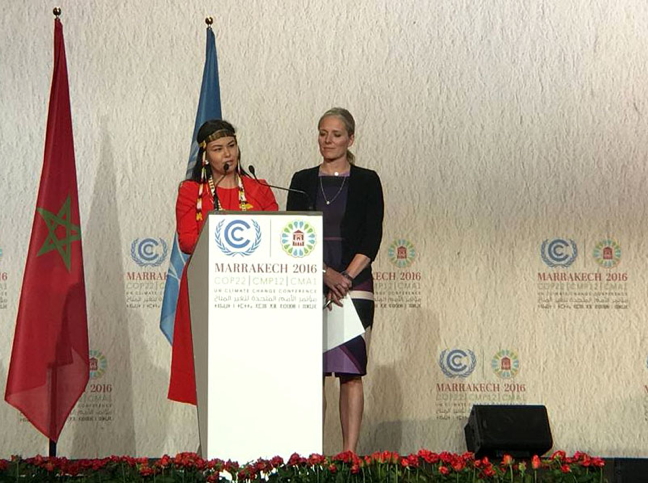 National Inuit Youth Council President Maatalii Okalik stands beside Canada's minister of Environment and Climate Change, Catherine McKenna, to help deliver Canada's national statement Nov. 16 at the annual Conference of the Parties to the United Nations climate convention— the COP22 global climate change talks now underway in Marrakech, Morocco. 