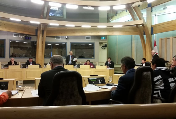 Nunavut’s Education minister Paul Quassa rises in the Legislative Assembly Nov. 4 to announce that a new Iqaluit-based law degree program is now accepting applications for its fall 2017 launch. The revival of a Nunavut-focused law program comes roughly five years after Nunavut’s Akitsiraq law school program folded due to underfunding. The new program is offered through Nunavut Arctic College in partnership with the University of Saskatchewan. Applications are available at Community Learning Centres across Nunavut and will be accepted until Dec. 31, 2016, Quassa said. The four-year degree program has room for 25 students. (PHOTO BY THOMAS ROHNER)
