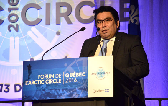 A new drive for economic and political independence in Greenland: Vittus Qujaukitsoq, a member of the Siumut party who serves in Greenland's new coalition government as minister of employment, trade, energy and foreign affairs, speaks Dec. 12 at the Arctic Circle Forum in Quebec City. Qujaukitsoq said that because of the the election of Donald Trump as U.S. president, Greenland is now optimistic that the U.S. will support Greenland's desire to finance its independence through oil and gas extraction. Qujaukitsoq even said Greenland would support the appointment of Rex Tillerson, the controversial Exxon Mobil tycoon, as the next U.S. Secretary of State. (PHOTO BY JIM BELL)