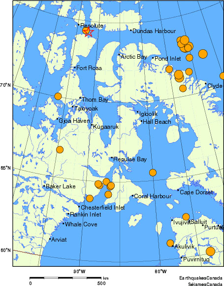 This map shows the location of earthquakes in the Eastern Arctic with a magnitude of 5.0 or greater. (EARTHQUAKES CANADA)
