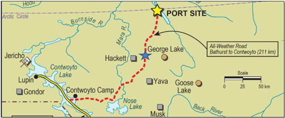 This map, which dates to about 2013, shows the proposed route of the stalled Bathurst Inlet Port Road project. (IMAGE FROM XSTRATA/GLENCORE)