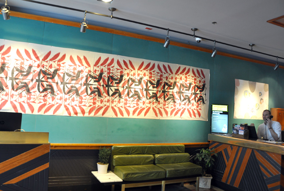 Visitors to the Drake Hotel in Toronto are greeted by this massive screen print, first produced in Cape Dorset in the 1960s. (PHOTO BY SARAH ROGERS)