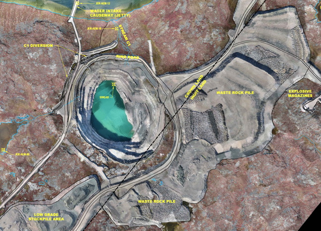 A map showing the Jericho mine site, part of which is located on Inuit-owned lands and managed by the Kitikmeot Inuit Association. Ottawa's remediation efforts will include only Crown-owned land but discussions are underway between INAC and KIA to incorporate any necessary clean up of Inuit lands as well, during the clean-up. (INAC MAP)