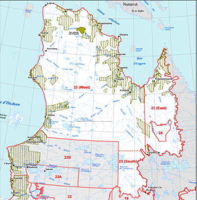 A map of Quebec's sports hunting zones. Nunavik is made up largely of zone 23 and a portion of zone 22, where the province will maintain the sports hunt of the vulnerable Leaf River caribou until February 2018, Quebec announced in December. (PHOTO COURTESY OF QUEBEC GOVERNEMENT) 