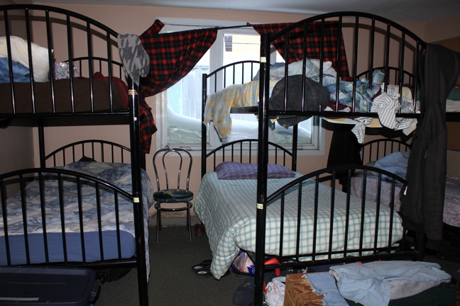 One of three rooms at the men's shelter, this one containing eight bunk beds. 