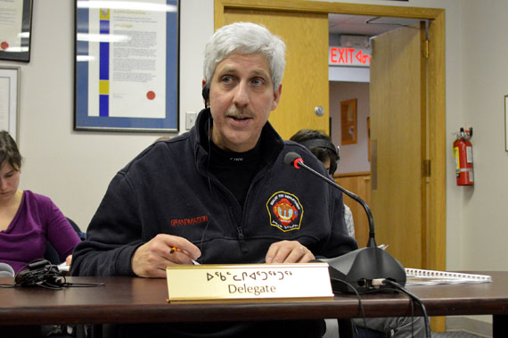 Luc Grandmaison, the city's director of emergency and protective services, speaks at an Iqaluit City Council meeting Feb. 14. (FILE PHOTO)