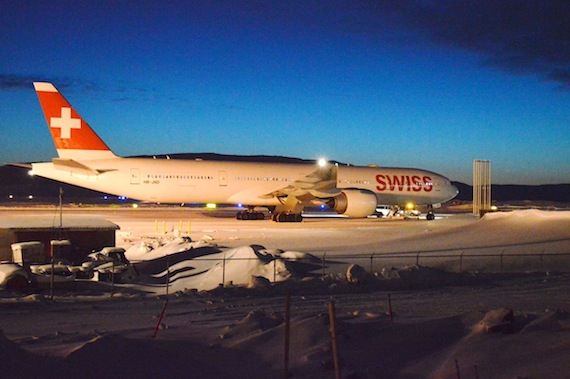 Swiss International flight 40, a Boeing 777-300, 216 passengers and 17 crew members on board, sits on the tarmac at the Iqaluit airport after an emergency landing during the afternoon of Feb. 1. (PHOTO BY STEVE DUCHARME) 