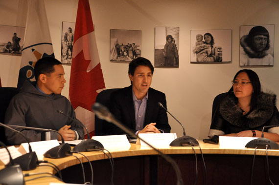 Prime Minister Justin Trudeau, with Natan Obed, president of Inuit Tapiriit Kanatami (left) and Aluki Kotierk, president of Nunavut Tunngavik Inc., (right) during a brief photo-op Feb. 9 in Iqaluit held during talks between Trudeau and ITK board members on a new Inuit-Crown structure that creates a new partnership between Inuit leaders and the federal government.