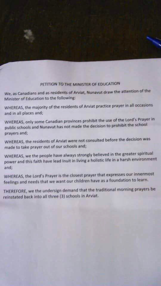 Here's a copy of the petition that some Arviat residents have been circulating. The sponsors of the petition do not want to be named publicly. 