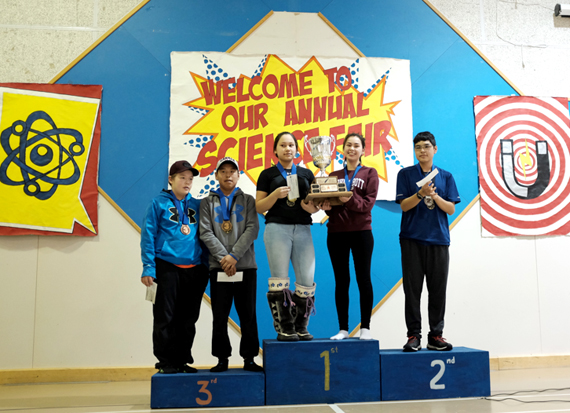 Meet the Nunavik Regional Science Fair winners of 2017: Elia Lauzon And Qullik Whiteley-Tukkiapik, Secondary 4 students from Kuujjuaq, focused their research on finding the most common blood types among Kuujjuaq Inuit, a project that won them first prize at the science fair, which took place last week in Inukjuak. In second place, Brian Annatok of Quaqtaq, who looked at the science behind northern lights, while Aupaluk’s Eric Annahatak and Koby Kulula placed third for their project exploring how to make fire logs with recycled paper. This year’s winners, Lauzon and Whitely-Tukkiapik, will now go on to represent Nunavik March 28 at the Quebec Aboriginal Science Fair in Odanak. (PHOTO COURTESY OF THE KATIVIK SCHOOL BOARD) 