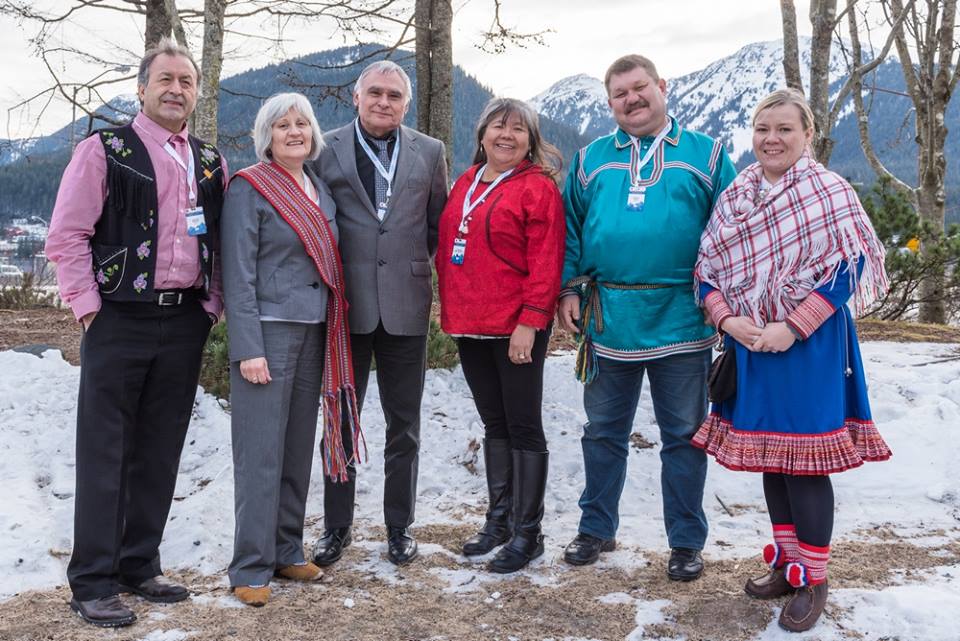Pictured here at this past week's Arctic Council meeting in Juneau, Alaska, the six heads of delegation for the indigenous permanent participant organizations of the Arctic Council, who have full consultation rights in connection with the Arctic Council’s negotiations and decisions. From left to right: Bill Erasmus (Arctic Athabaskan Council), Ethel Blake (Gwich'in Council International), James Stotts (Inuit Circumpolar Council), Patricia Lekanoff-Gregory (Aleut International Association), Vladimir Klimov (Russian Association of Indigenous Peoples of the North), Ellen-Inga Turi (Saami Council). (PHOTO COURTESY OF THE SAAMI COUNCIL)
